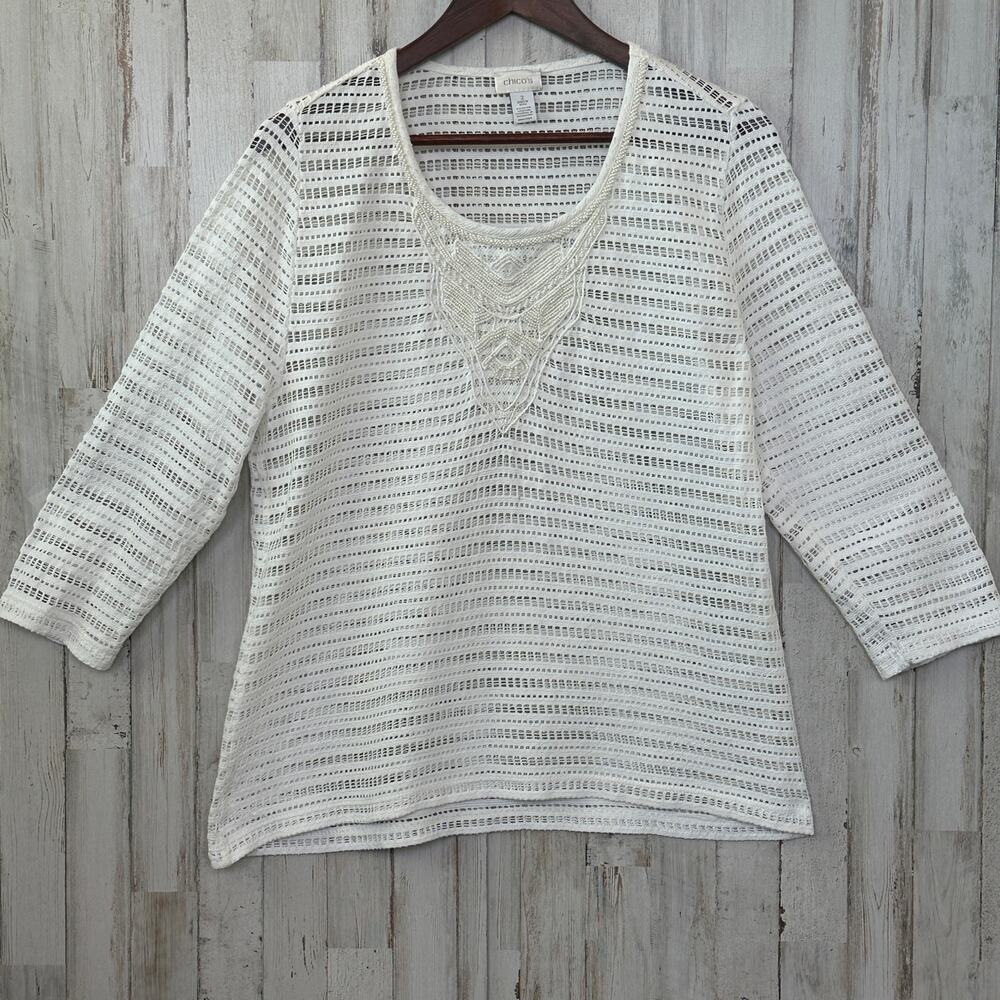 Chicos Open Knit Crochet Sweater Size 2 Ivory EUC Beaded Boho Coastal Festival